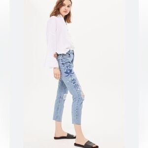 Top Shop Highrise Boho Embroidered Distressed Denim